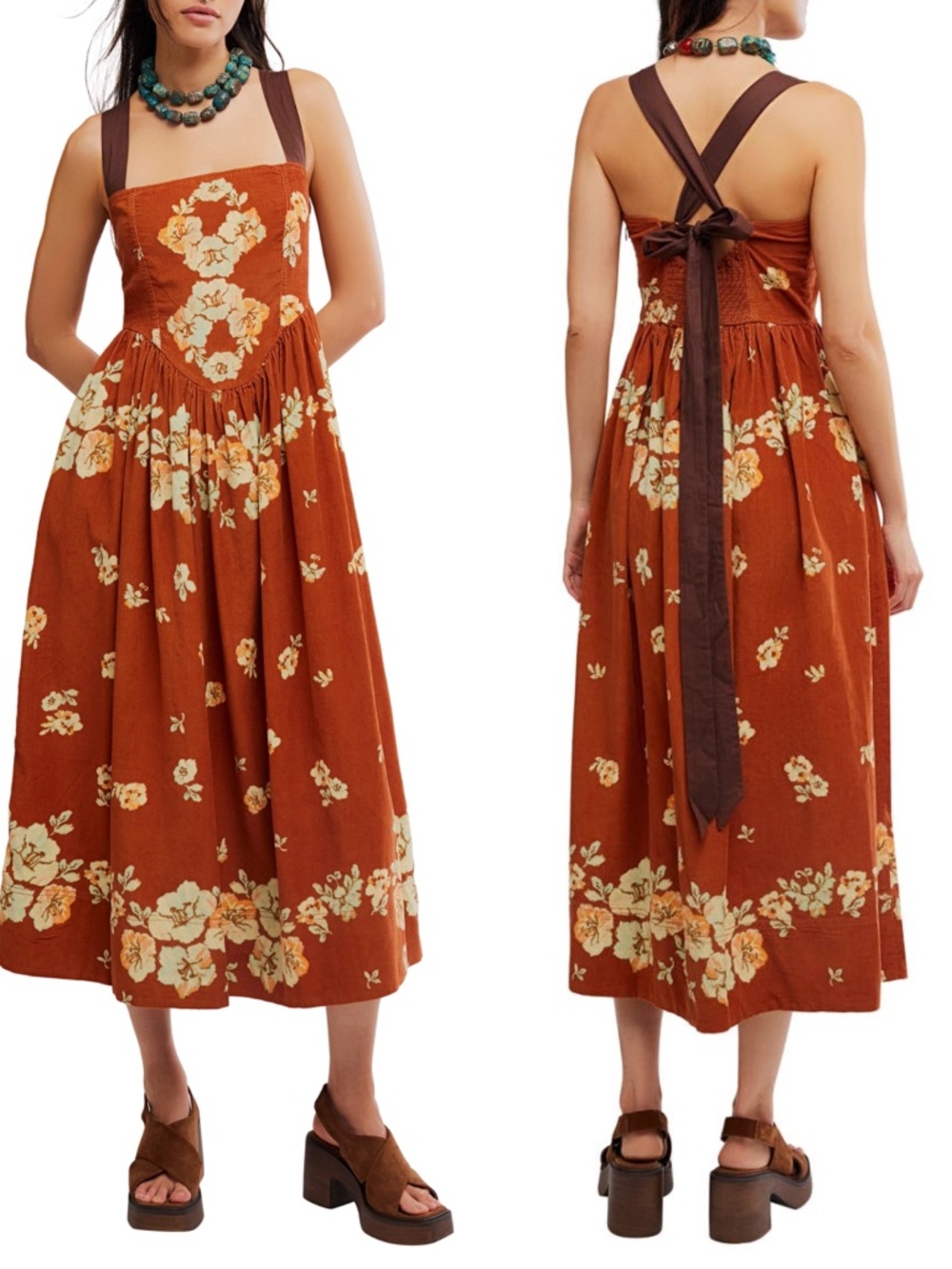 NEW FREE PEOPLE Brown FLORAL Corduroy UNTIL DAWN Cross Back MIDI DRESS M